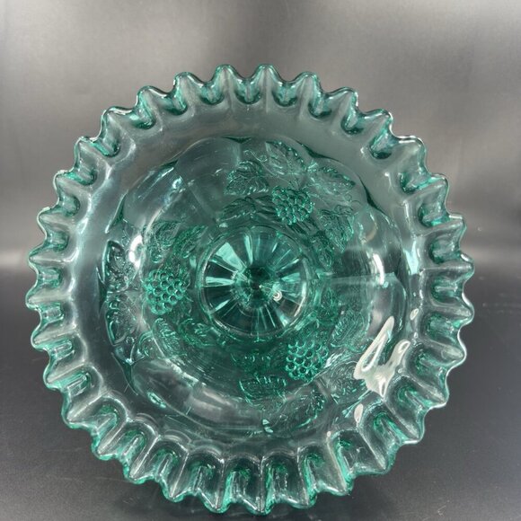 Westmoreland Laurel Green Paneled Grape Pedestal Compote Bowl Dish Wavy Edges - Picture 8 of 14
